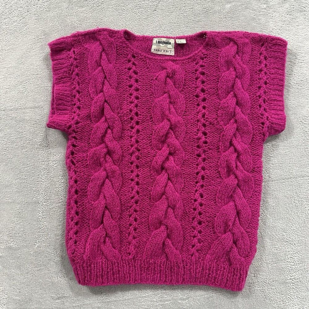 i magnolia Vest Women's Small Hand Knit Hot Pink Cable Gorpcore Round Neck